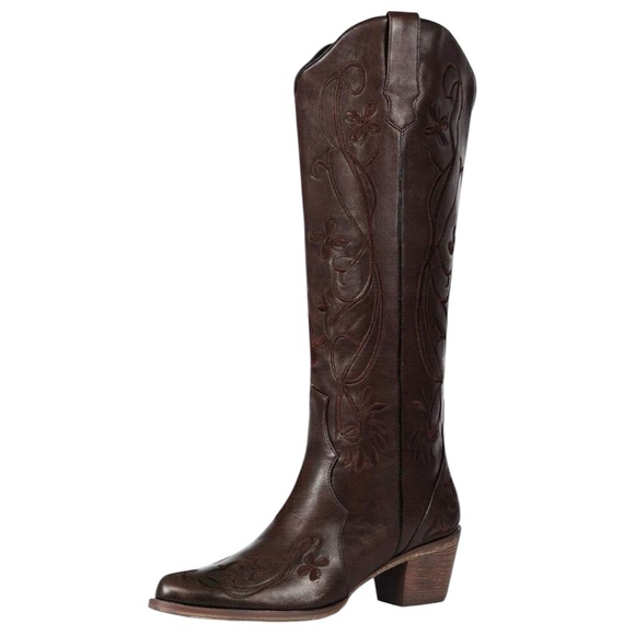 Wide Calf Friendly Embroidered Brown Knee High Western Cowgirl Pointed Toe Boots - Picture 4 of 5